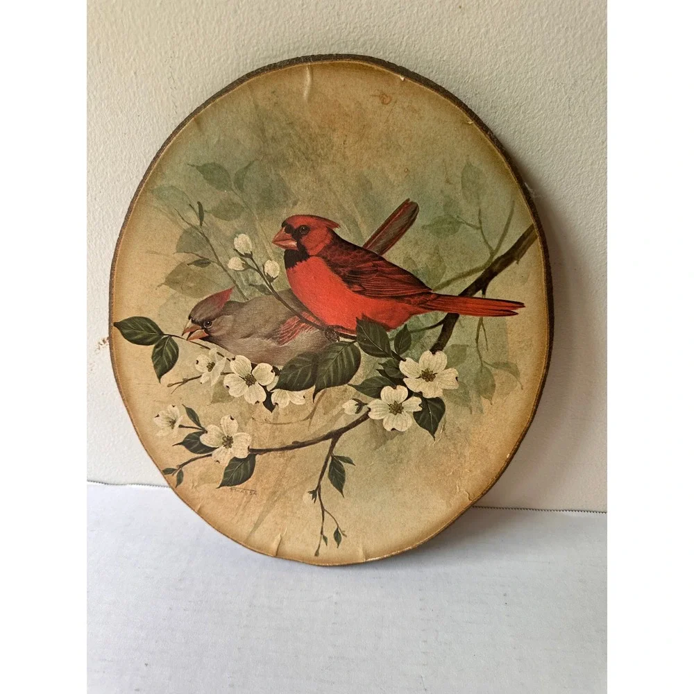 Vintage Set of 4 Bird Wall Plaques Oval Wood Decoupage Cardinal Robin Bluebird